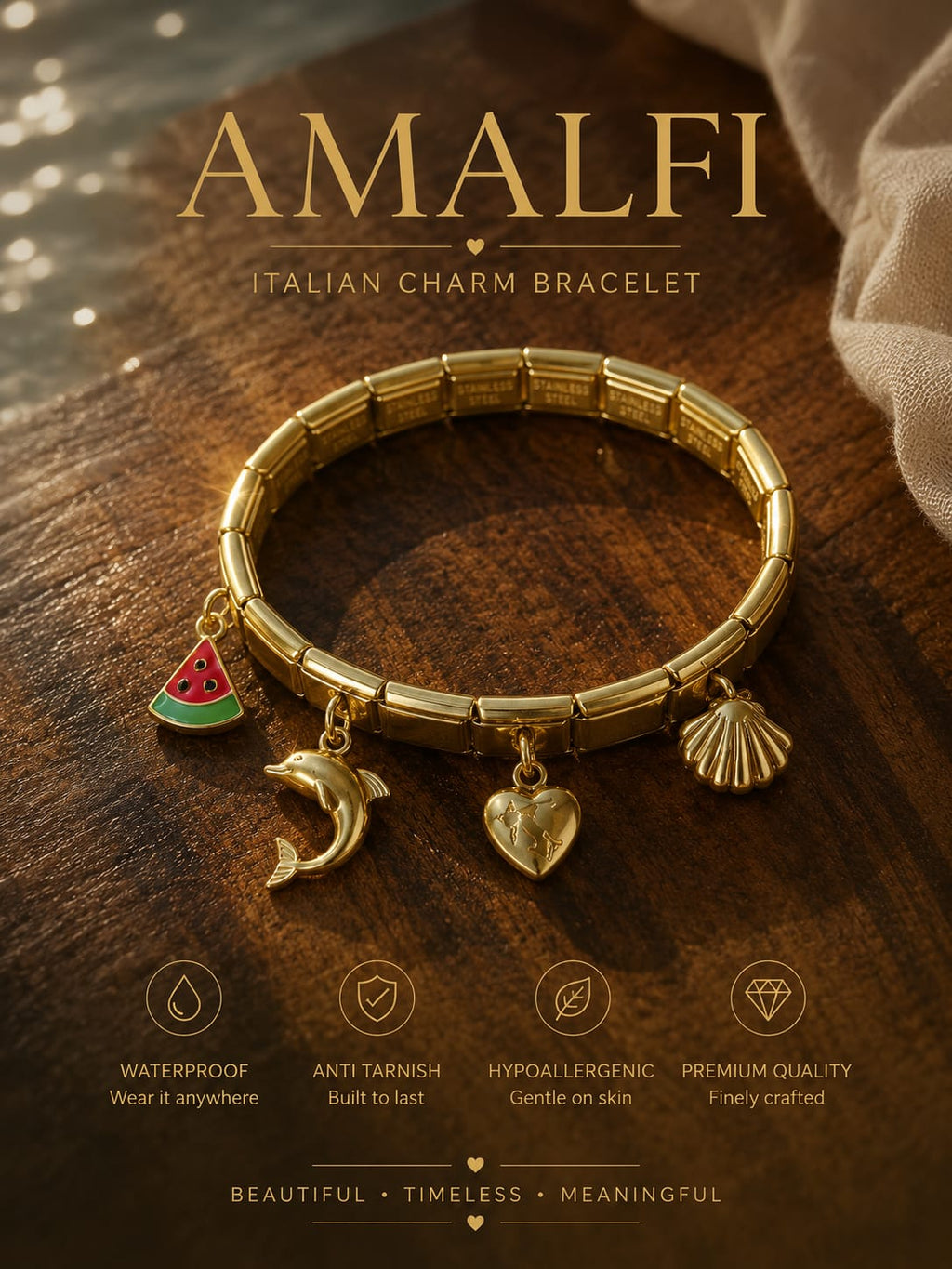 Gold Amalfi Italian Charm Bracelet featuring four charms (watermelon slice, dolphin, heart, and seashell) on a dark wooden background with promotional text.