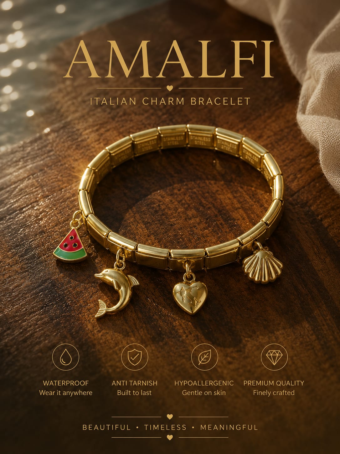 Gold Amalfi Italian Charm Bracelet featuring four charms (watermelon slice, dolphin, heart, and seashell) on a dark wooden background with promotional text.