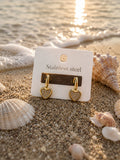 A pair of gold heart-shaped stainless steel dangle earrings displayed on a white card labeled 'Stainless steel', set on a sandy beach with seashells and water in the background.