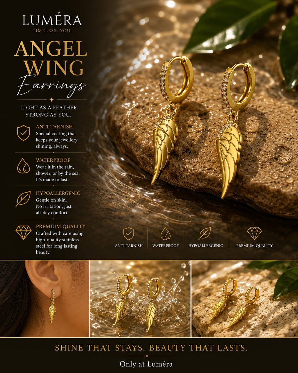 Gold angel wing hoop earrings shown in a styled ad layout with water, rocks, and inset photos of them worn and displayed. Text on the image includes the brand name LUMÉRA and product details such as angel wing design, anti tarnish, waterproof, hypoallergenic, and premium quality.