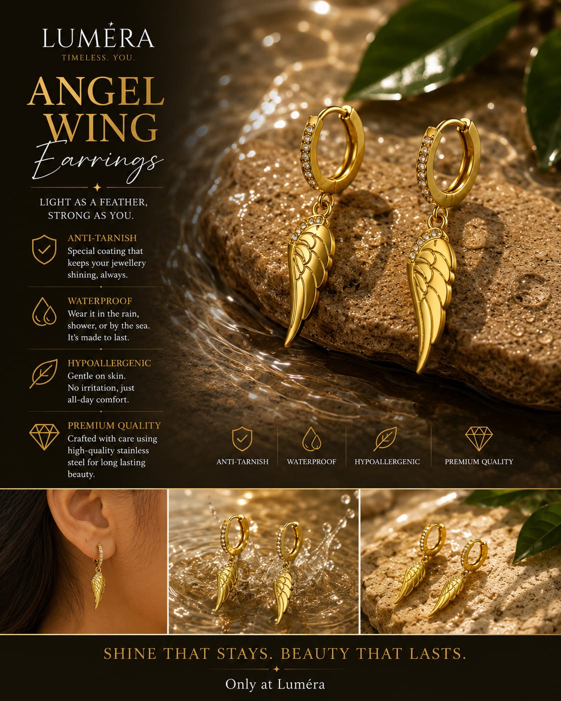 Gold angel wing hoop earrings shown in a styled ad layout with water, rocks, and inset photos of them worn and displayed. Text on the image includes the brand name LUMÉRA and product details such as angel wing design, anti tarnish, waterproof, hypoallergenic, and premium quality.