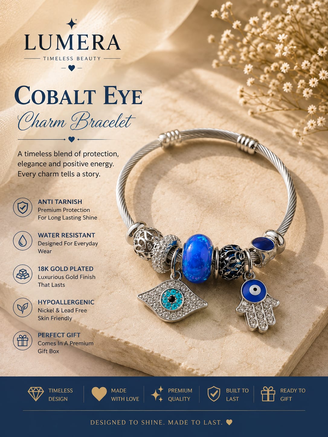 Lumera Cobalt Eye Charm Bracelet featuring a silver cable-style bracelet with blue cobalt eye charms, evil eye beads, and a hamsa charm, displayed on a textured beige background with decorative dried flowers and product feature callouts.