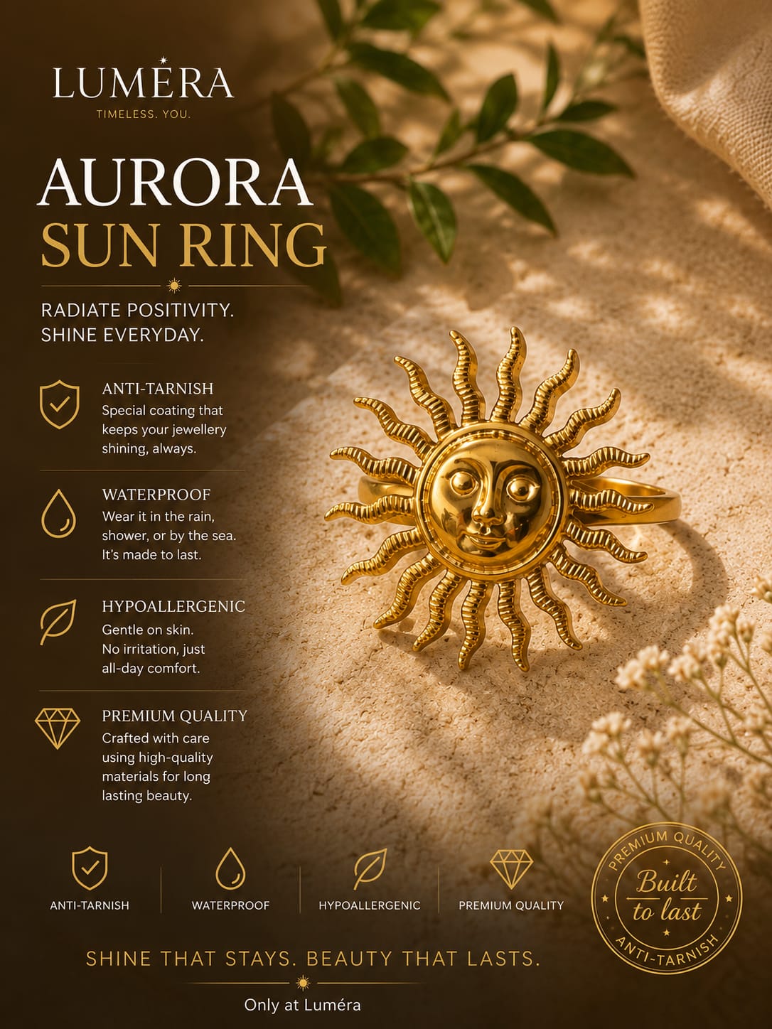 A gold-toned sun face ring with radiating rays is displayed on a textured beige surface with decorative leaves and dried flowers. The left side includes promotional text for Luméra Aurora Sun Ring, with icons highlighting anti-tarnish, waterproof, hypoallergenic, and premium quality features.