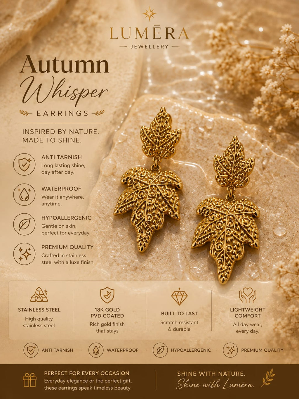 Gold leaf-shaped drop earrings from Luméra Autumn Whisper Earrings, displayed on a textured gold background with product features and benefits listed on a beige and gold card.