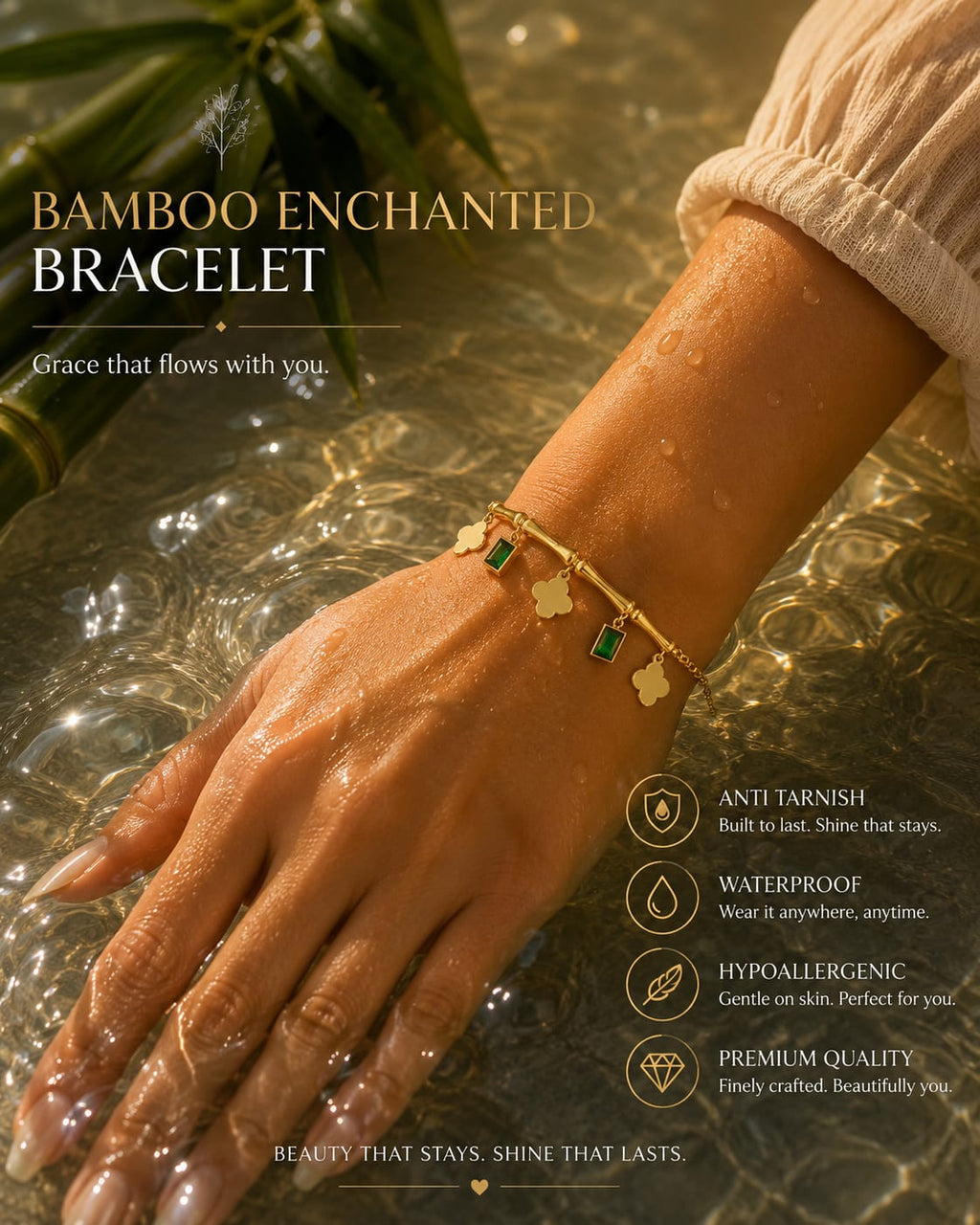 A gold bracelet with green bamboo-shaped charms is worn on a woman's wrist, shown in a water-themed setting with bubbles and text overlays describing its features.