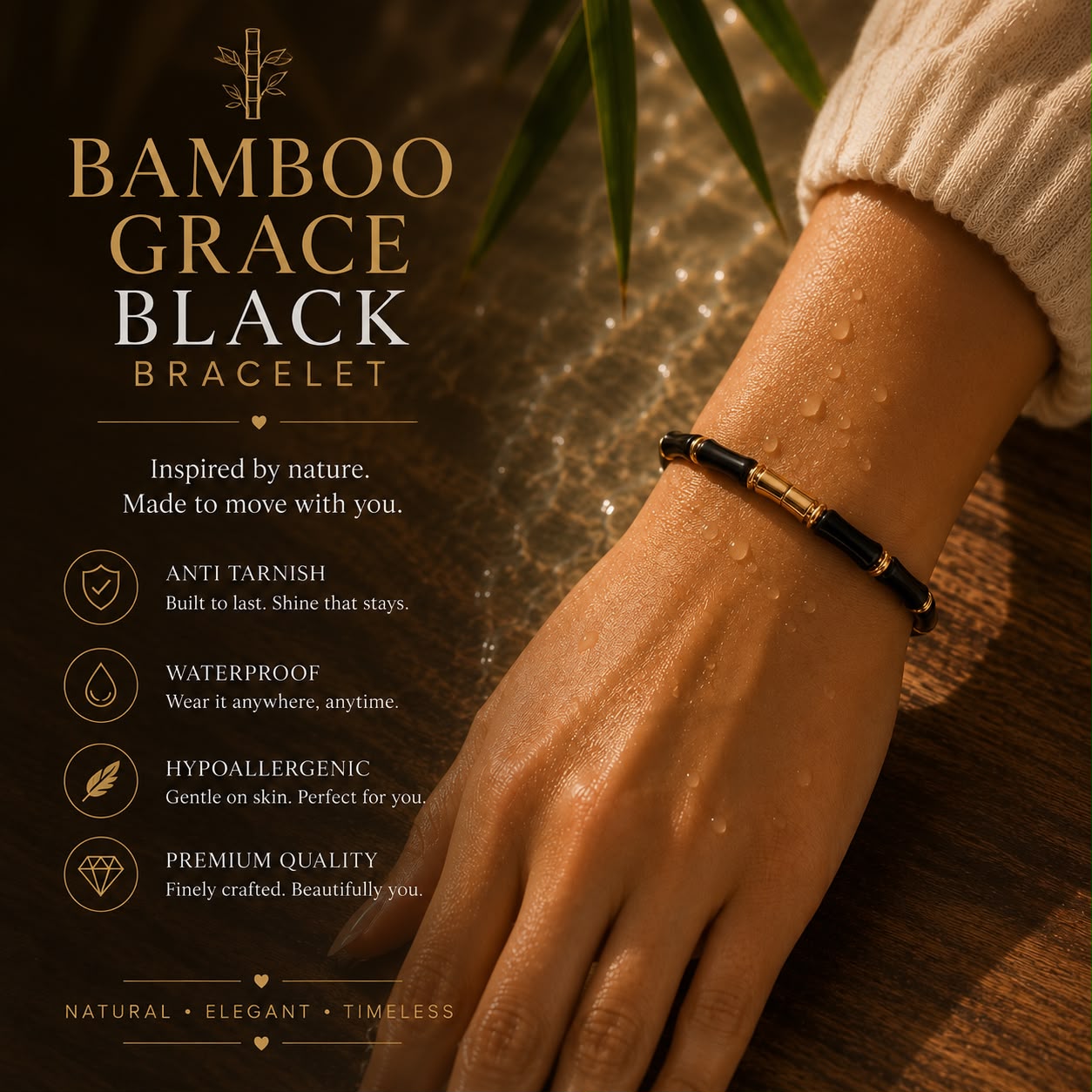 A close-up of a person's wrist wearing a black bamboo grace bracelet with gold-toned accents, set against a warm, rustic background with text highlighting product features.