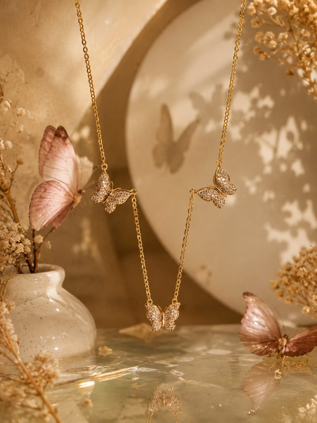 Gold butterfly pendant necklaces displayed on a reflective surface with dried flowers and a soft beige backdrop featuring butterfly shadows.