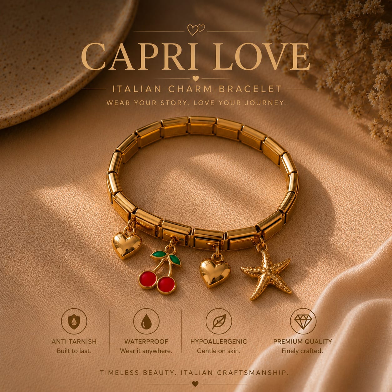 Gold-tone Capri Love Italian charm bracelet displayed on a beige fabric background. The bracelet features a segmented link design with dangling charms including two red cherries with green leaves, a gold heart, and a gold starfish.
