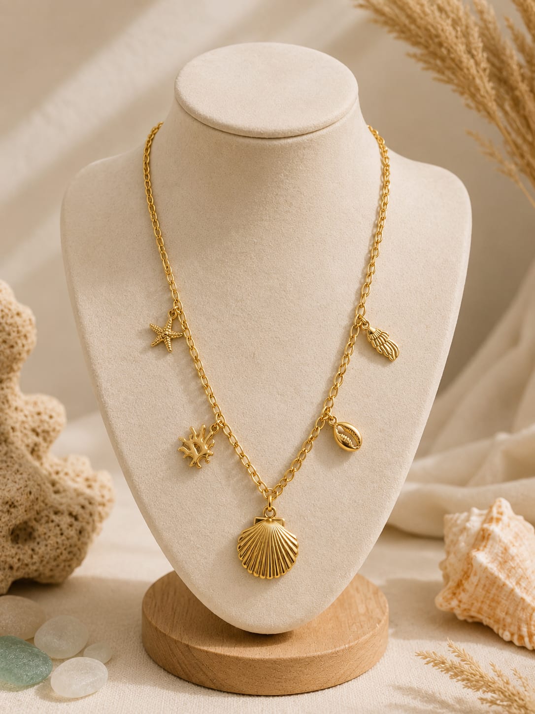 A gold-tone necklace with shell and starfish charms displayed on a cream-colored jewelry bust. The bust is set on a wooden base with decorative seashells, coral, and dried grass in a warm, beach-inspired setting.