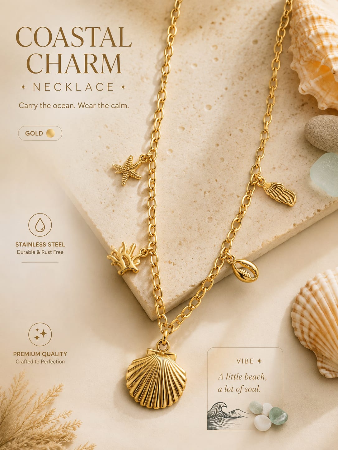Gold-tone layered necklace with shell and starfish charms, displayed on a beige stone slab with seashells around it. Text on the image reads 'COASTAL CHARM NECKLACE' and includes material and quality claims.