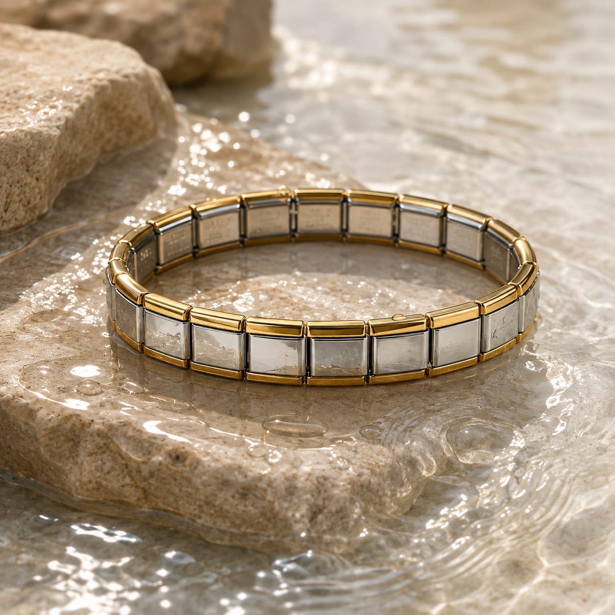 A gold and silver-tone segmented stretch bracelet resting on wet stones in shallow water.