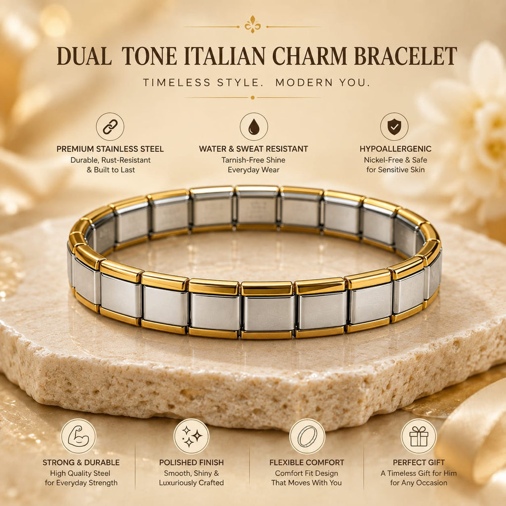 A dual-tone Italian charm bracelet displayed on a stone slab with promotional text highlighting its stainless steel construction, water resistance, hypoallergenic nature, and comfort.