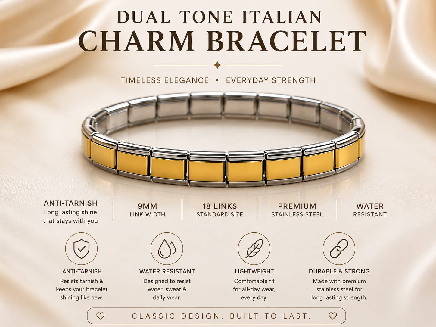 A dual-tone Italian charm bracelet with yellow gold and silver links, displayed on a beige satin background with promotional text detailing its features.