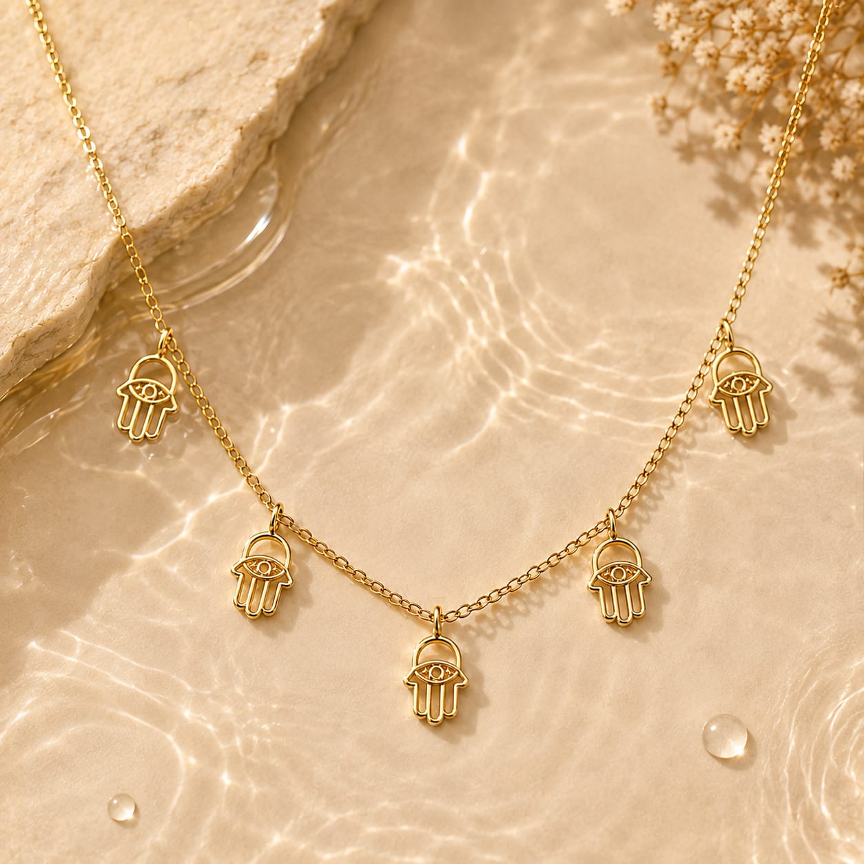 A gold-tone Hamsa hand necklace with an eye charm, styled on a warm beige stone surface with water droplets and dried flowers.