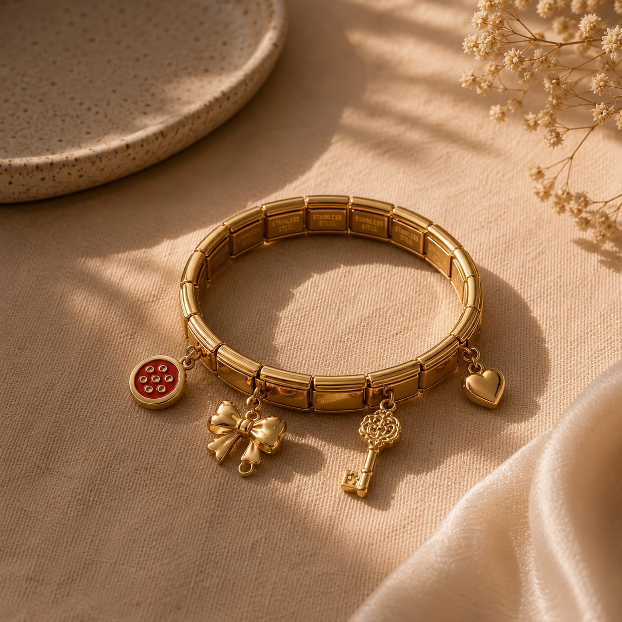 A gold-toned stretch bracelet with three dangling charms, including a red circular charm, a bow charm, and a key charm, displayed on a beige fabric surface with soft shadows.