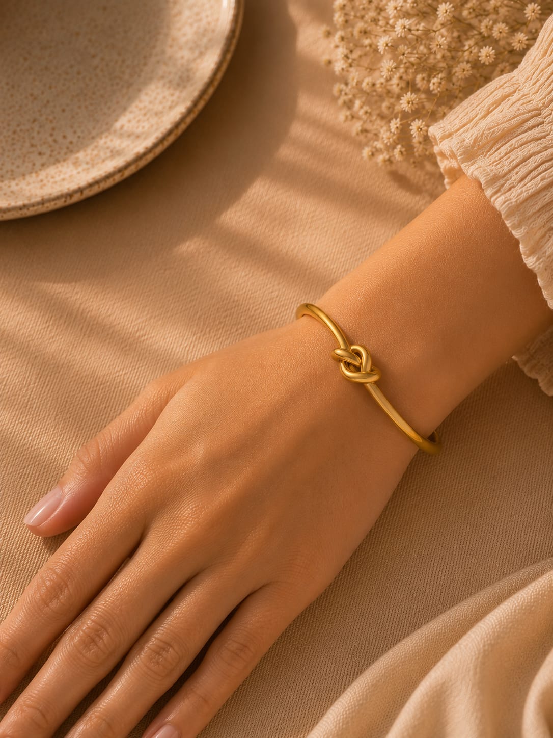 A delicate gold bangle bracelet with a knotted center detail, worn on a woman's wrist. The image is styled with warm, soft lighting, a beige textured fabric background, and a ceramic plate in the upper left corner.
