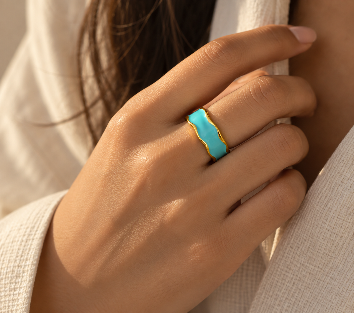 Firozi Wave Enamel Band Ring