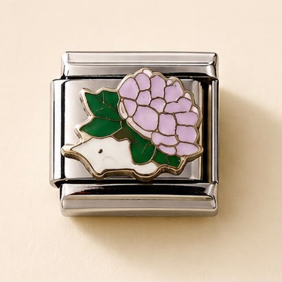 A silver-toned Italian charm link featuring an enamel design of a small white hedgehog and a large light purple hydrangea flower with green leaves, set against a warm beige background.