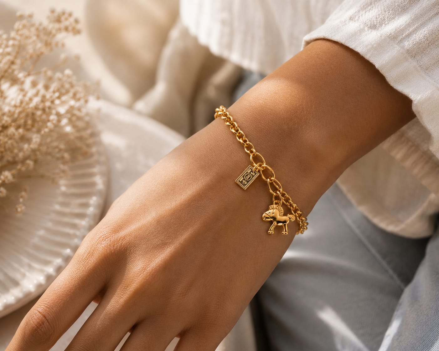 Gallop Grace Bracelet

Celebrate freedom, strength, and elegance with the Gallop Grace Charm Bracelet. Featuring a beautifully crafted horse charm on a modern mixed-link gold chain, this bracelet adds a playful yet sophisticated touch to any outfit. Designed to shine every day, it's the perfect accessory for horse lovers and charm jewelry enthusiasts alike.