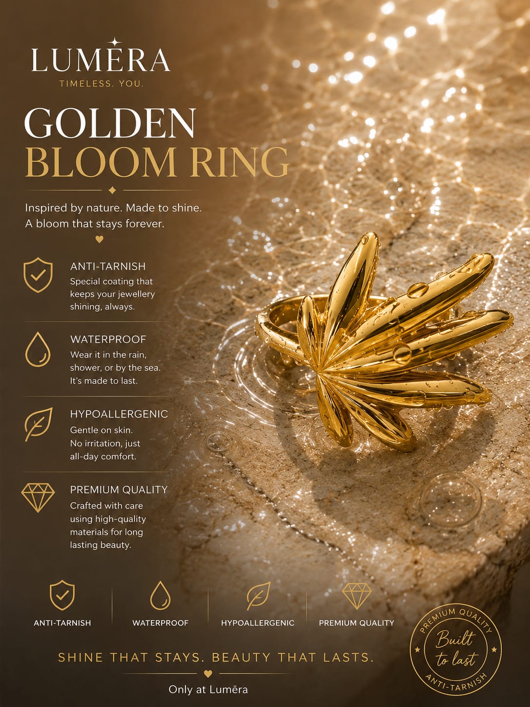 A gold ring with a palm-leaf or lotus-like openwork design, displayed on a reflective metallic gold surface with text overlays detailing product features and branding by Luméra.