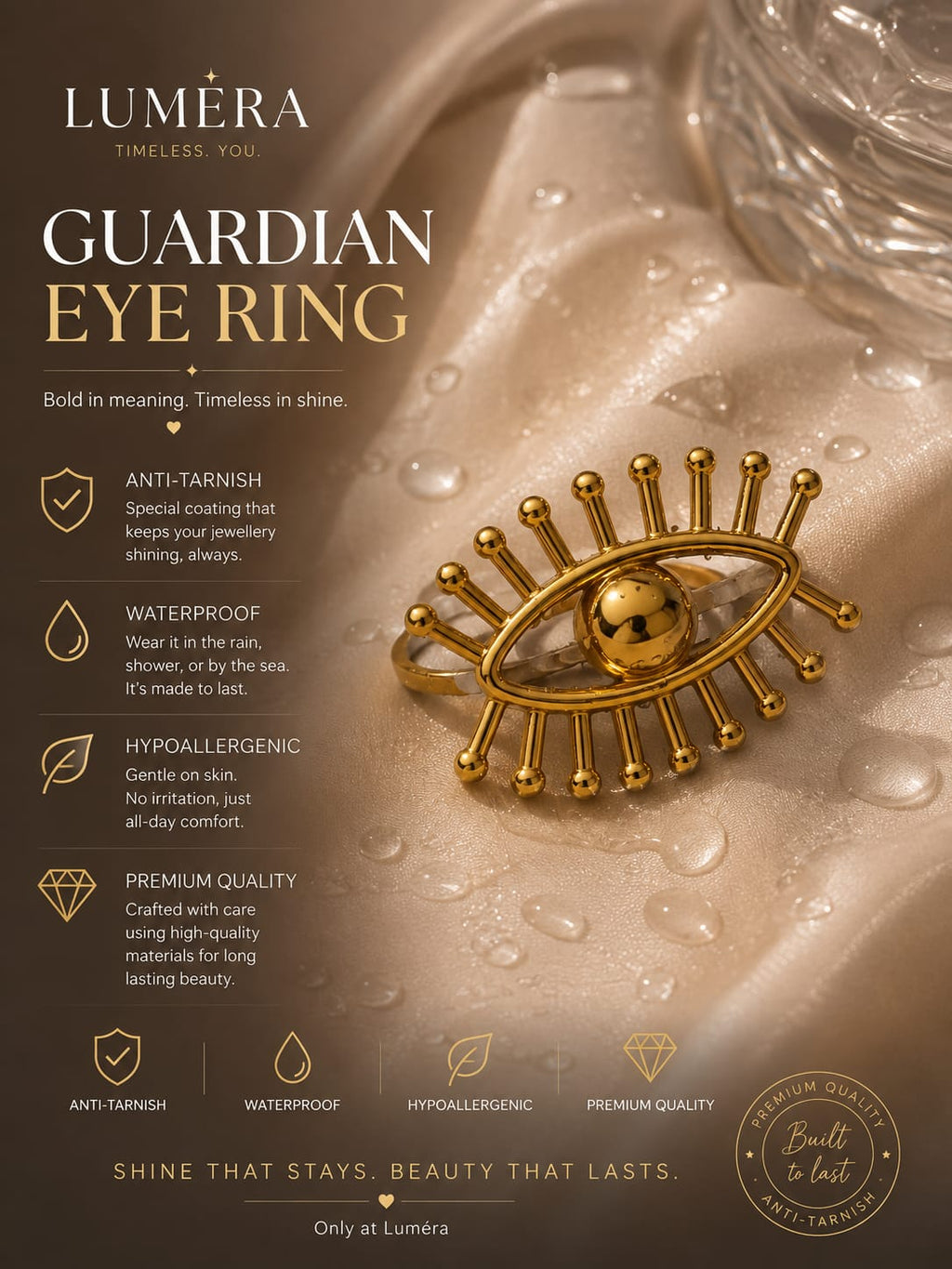 Gold Guardian Eye Ring by Luméra displayed on a glossy, water-droplet-covered beige surface, with product features listed on the left side of the image.