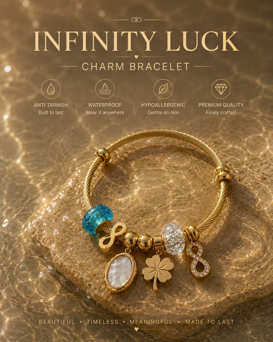 Gold charm bracelet labeled 'Infinity Luck Charm Bracelet' with multiple charms including an infinity symbol, clover, teardrop, and heart, displayed on a stone over water with feature icons and text above.