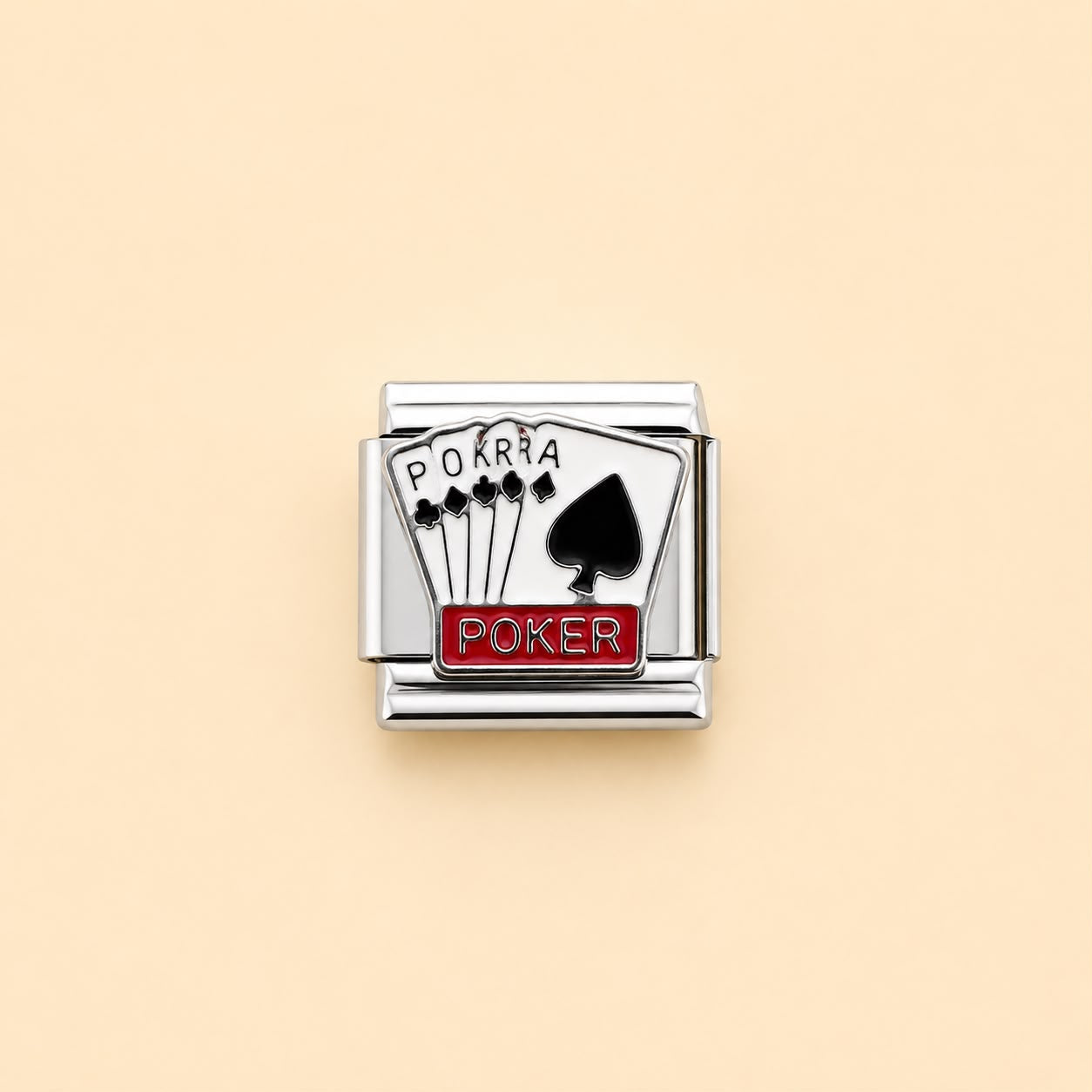 A silver-toned rectangular charm link featuring an enamel design of four playing cards (hearts, diamonds, clubs, spades) with 'POKER' written on a red banner, set against a solid pale peach background.
