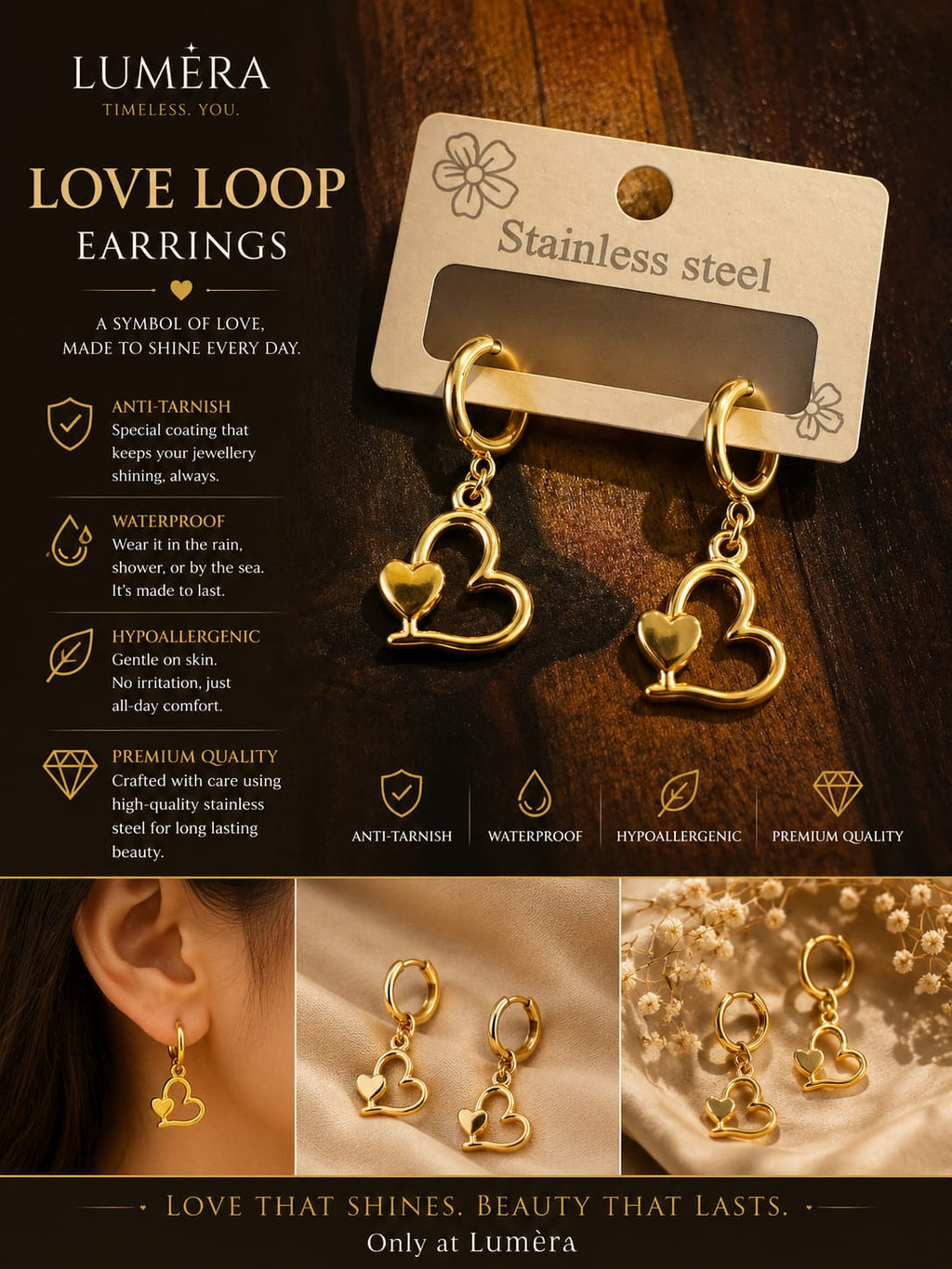 Gold heart-shaped hoop earrings with dangling heart charms, shown on a branded card against a dark wood background with product features and lifestyle inset photos.