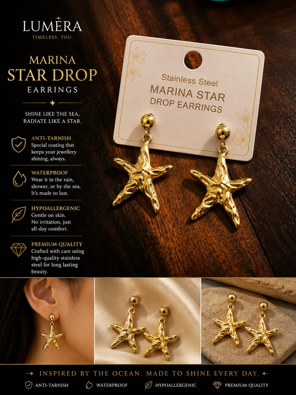 Gold-toned stainless steel starfish drop earrings displayed on a cream card against a dark wood background, with product text and small inset photos showing them worn and styled.