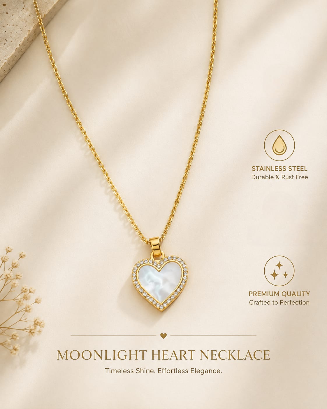 Timeless with a touch of romance, the Moonlit Heart Necklace features a luminous opal-inspired heart framed by a sparkling halo of cubic zirconia. Crafted from premium stainless steel&nbsp; this elegant pendant is perfect for everyday wear or special occasions. Delicate, feminine, and effortlessly chic, it's a piece you'll reach for again and again.