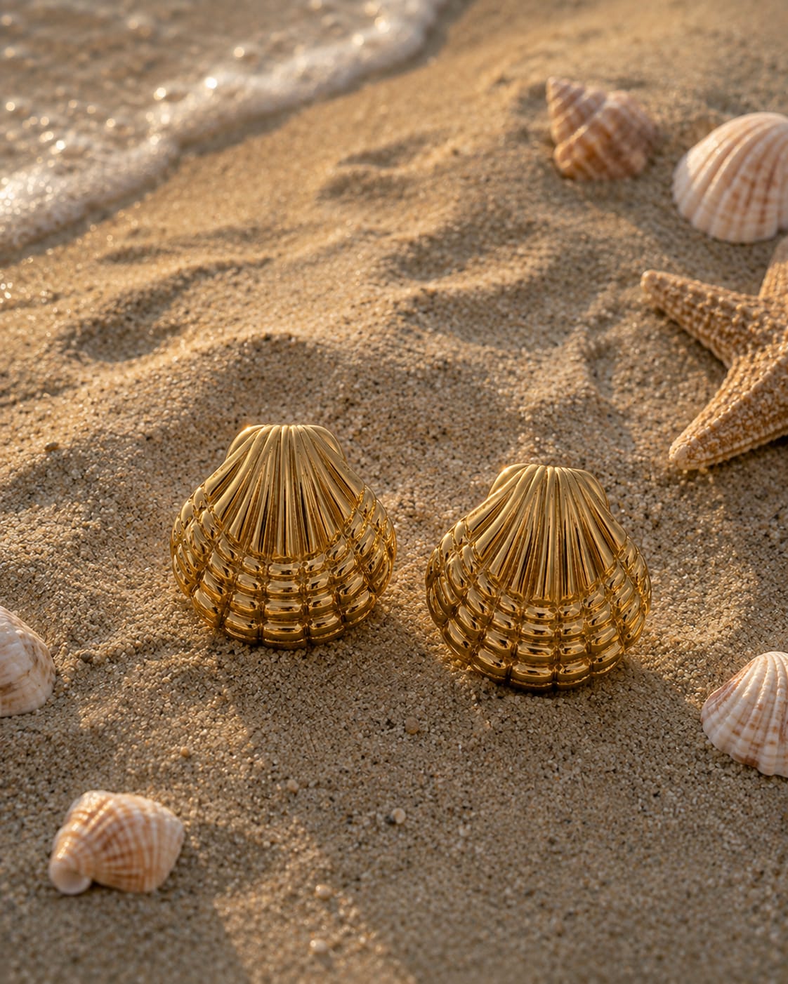 Two gold-toned seashell-shaped jewelry pieces displayed on sandy beach terrain alongside real starfish and natural seashells under warm sunlight.