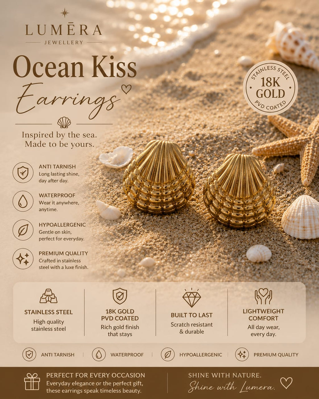 Promotional graphic for Luméra Jewellery's 'Ocean Kiss' 18K gold earrings, featuring two gold seashell-shaped earrings on a sandy beach background with starfish and seashells. The design includes text detailing product features like anti-tarnish, waterproof, hypoallergenic, and 18K gold PVD coating.