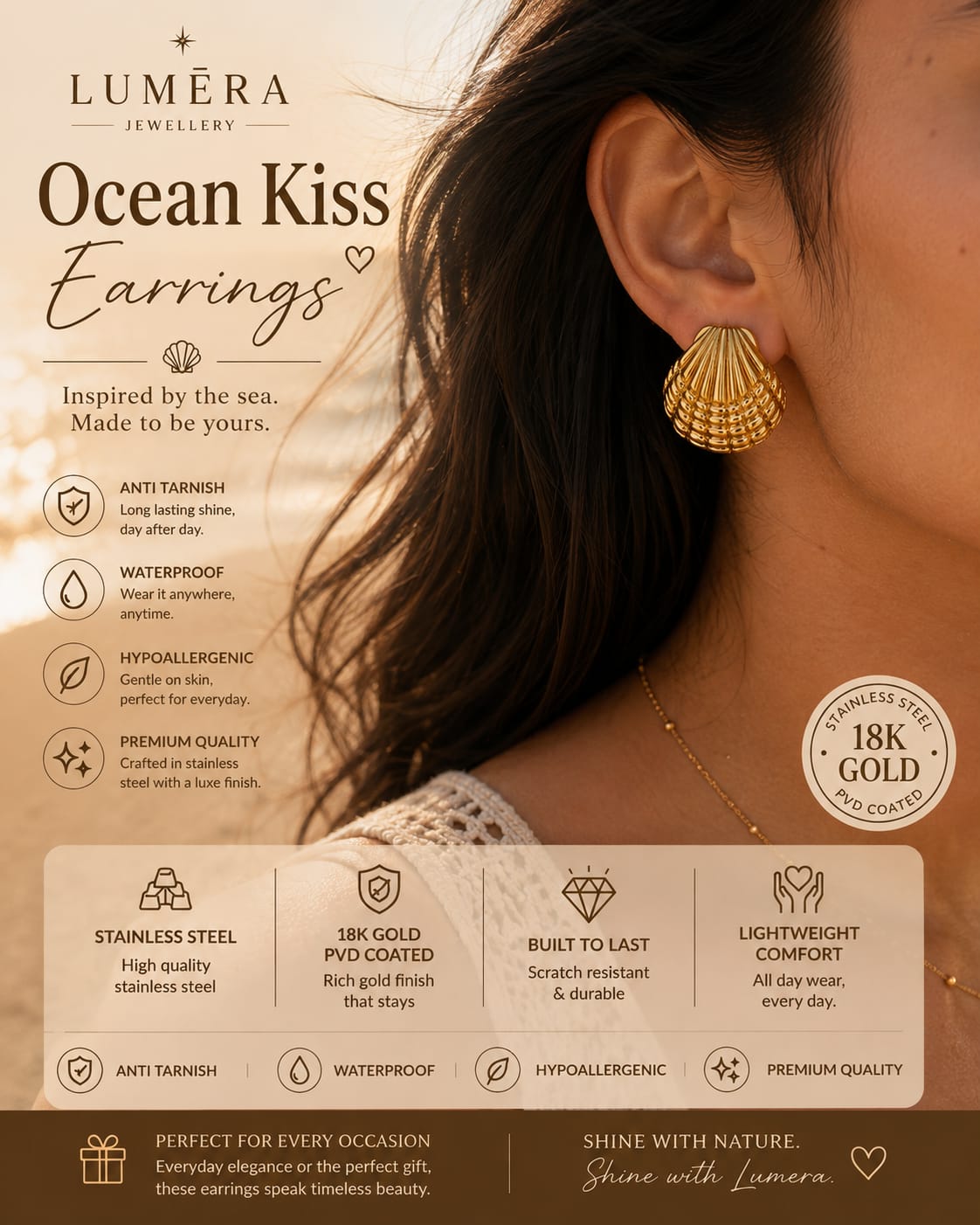 A promotional graphic for Luméra Jewellery's 'Ocean Kiss' 18K gold earrings. The design features a close-up of a woman's ear wearing a gold seashell-shaped earring, set against a warm beach background.