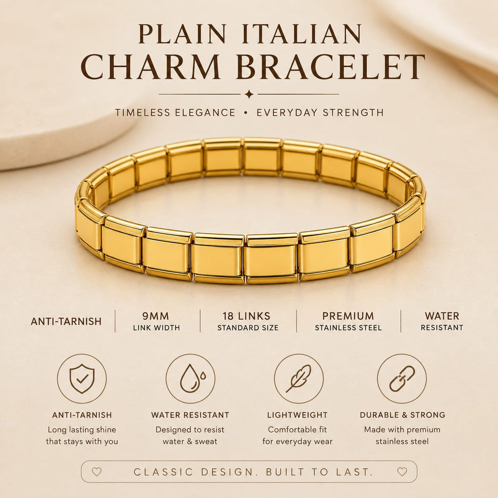 A gold-toned Italian charm bracelet displayed on a beige background with promotional text and feature icons below it.