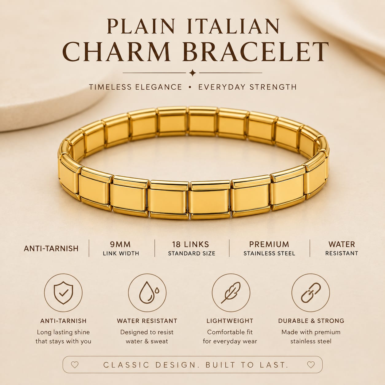 A gold-toned Italian charm bracelet displayed on a beige background with promotional text and feature icons below it.
