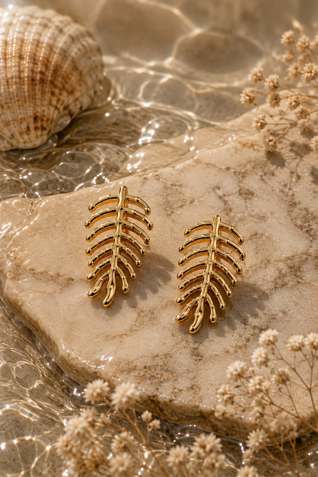 A pair of gold leaf-shaped stud earrings displayed on a beige stone slab with water, a seashell, and dried flowers around them.