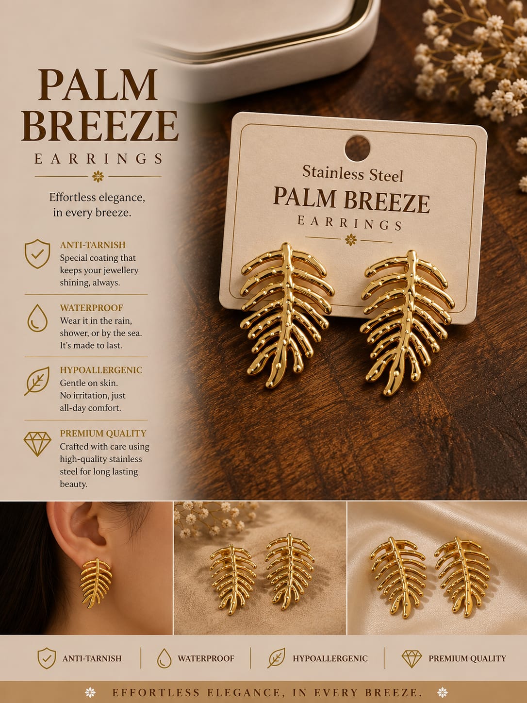Palm Breeze Stainless Steel Earrings in a gold leaf design, shown on a card and in a collage with product features and lifestyle wear shots.