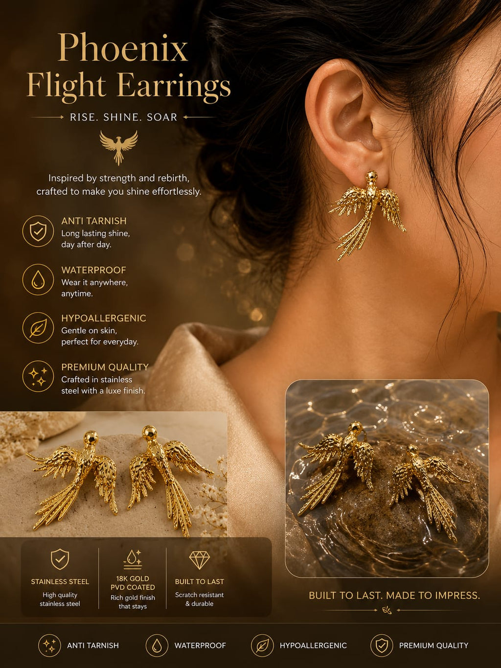 Gold phoenix-shaped flight earrings shown worn on a woman's ear, with product close-ups and feature callouts for Phoenix Flight Earrings on a dark brown promotional background.