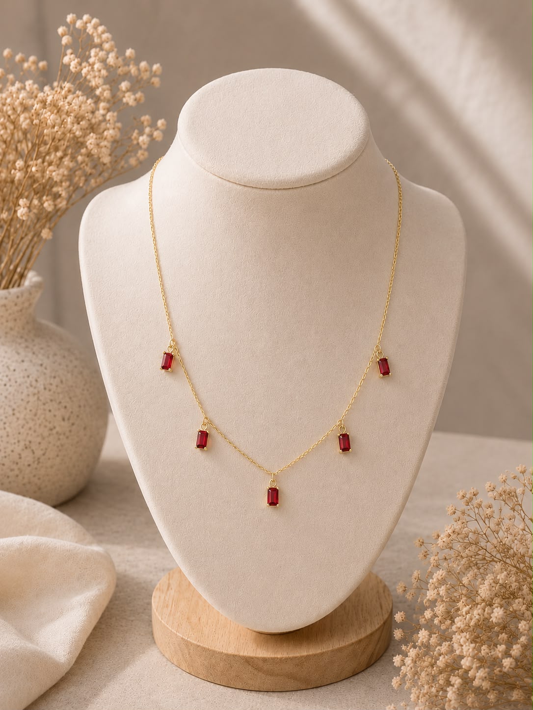 Graceful and eye-catching, the Ruby Rain Necklace features five sparkling ruby-red baguette crystals delicately suspended from a fine gold-tone chain. Its minimalist silhouette adds the perfect pop of color, making it an effortless accessory for both everyday elegance and special occasions. Lightweight, timeless, and easy to style, it's a must-have addition to every jewelry collection.