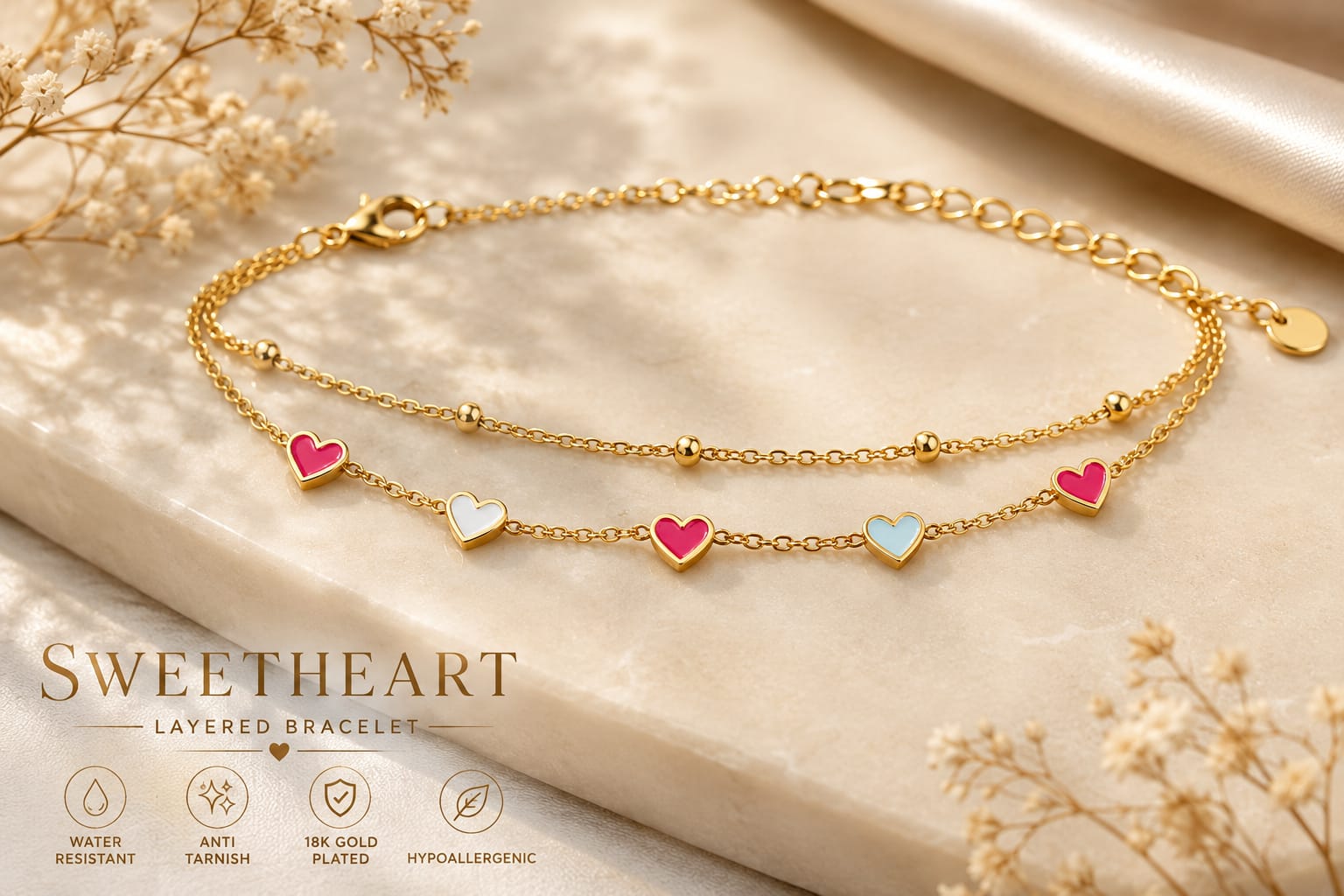 A gold layered bracelet with five heart charms in pink, white, and light blue, displayed on a beige marble slab with dried flowers. The brand name 'SWEETHEART' is visible in the lower left corner.