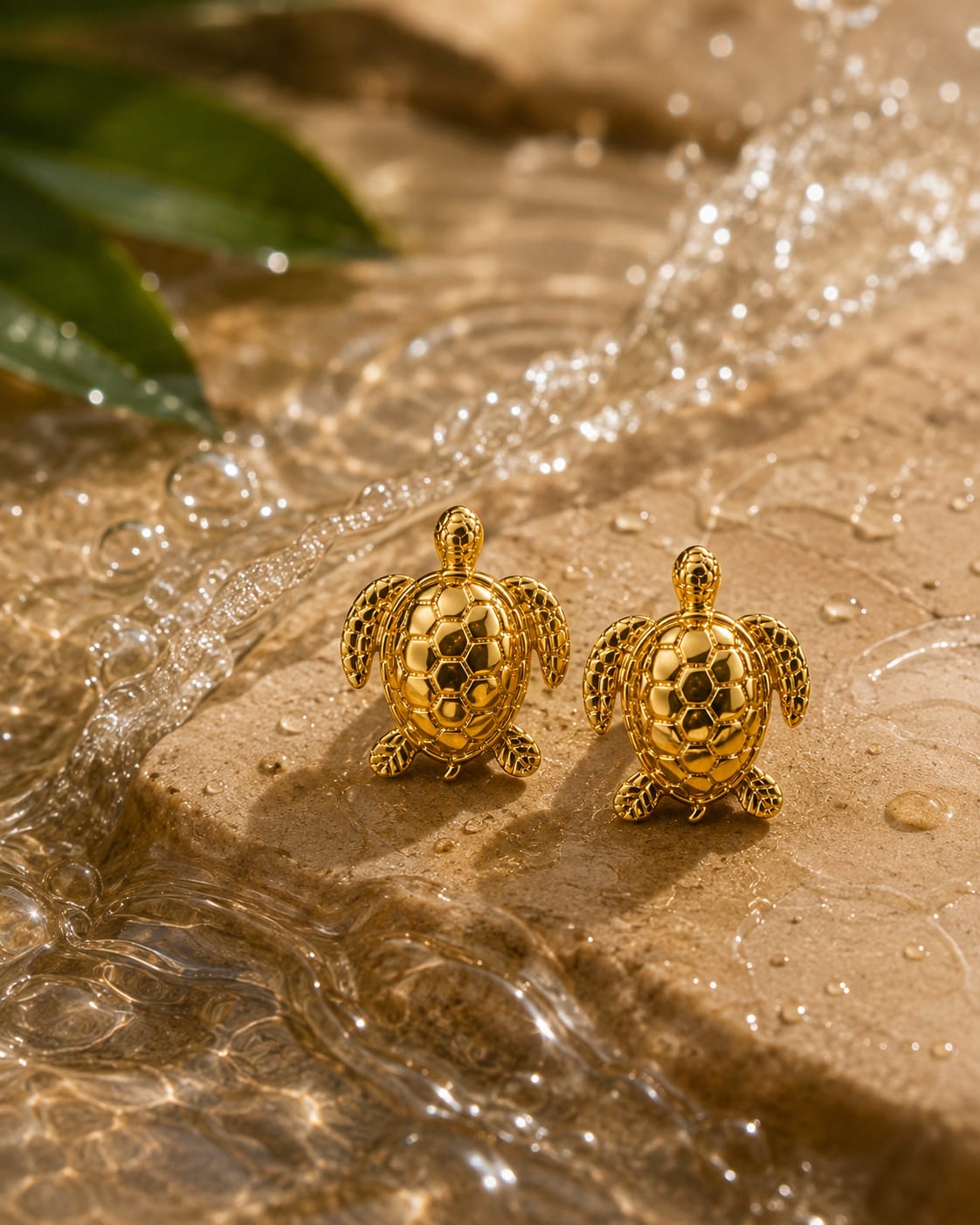 A pair of gold sea turtle stud earrings resting on wet sand with water droplets and green leaves in the background.