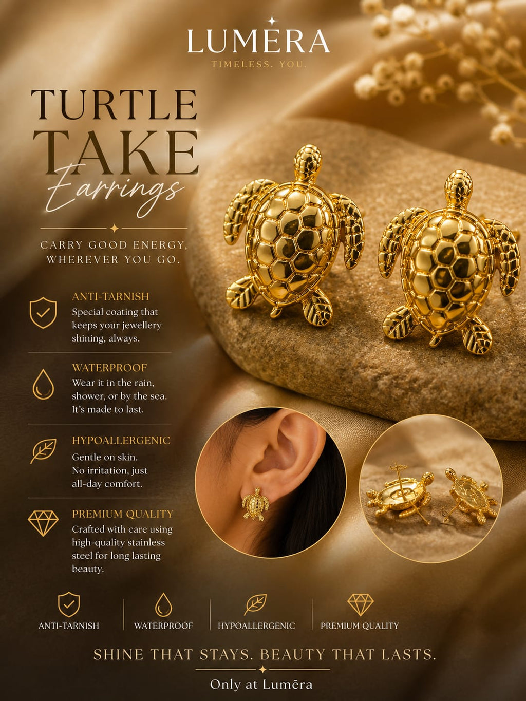 Luméra Turtle Take Earrings in polished yellow gold, shown as a promotional graphic with product close-ups, an ear model inset, and feature icons on a warm brown background.