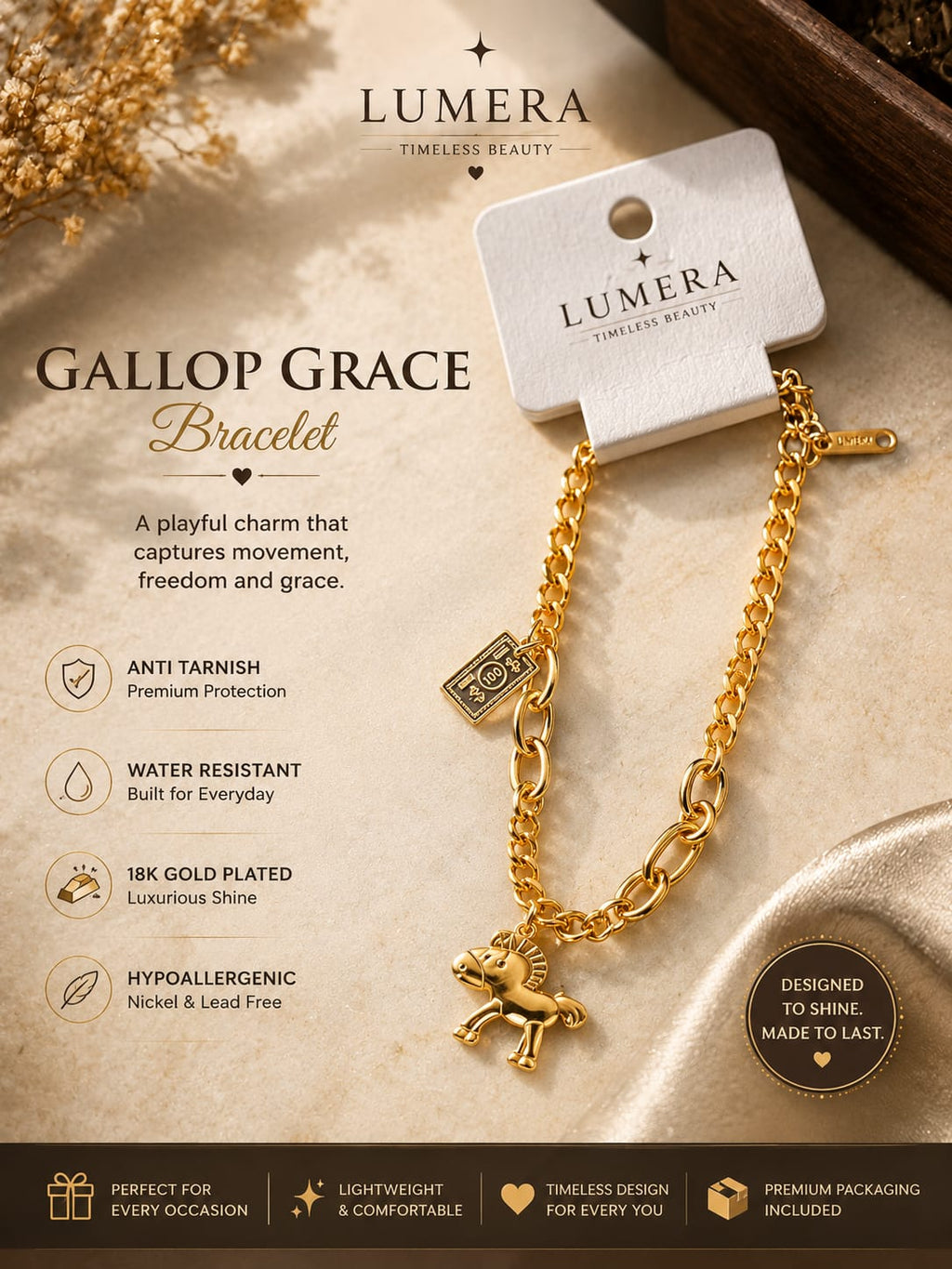 Lumera Gallop Grace Bracelet in 18K gold-plated chain with a galloping horse charm, displayed on its branded white hanger card over a textured beige background with decorative dried flowers and fabric.