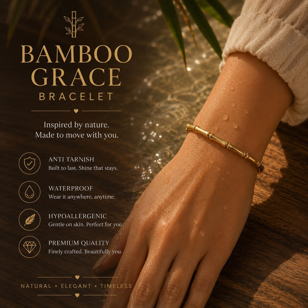 A bamboo-style bracelet worn on a person's wrist, shown in a warm outdoor setting with water droplets on the skin and a wooden surface. The left side features promotional text reading 'BAMBOO GRACE BRACELET' with feature callouts like anti tarnish, waterproof, hypoallergenic, and premium quality.