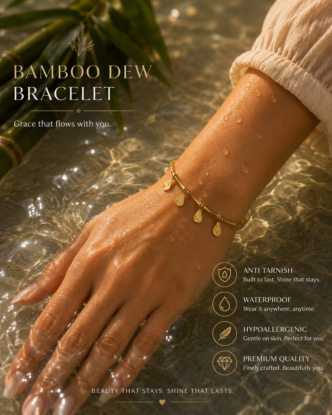 A close-up of a woman's hand wearing a delicate gold bracelet with teardrop charms, set in water with bamboo leaves in the background. Text on the image reads 'BAMBOO DEW BRACELET' with feature callouts including anti tarnish, waterproof, hypoallergenic, and premium quality.