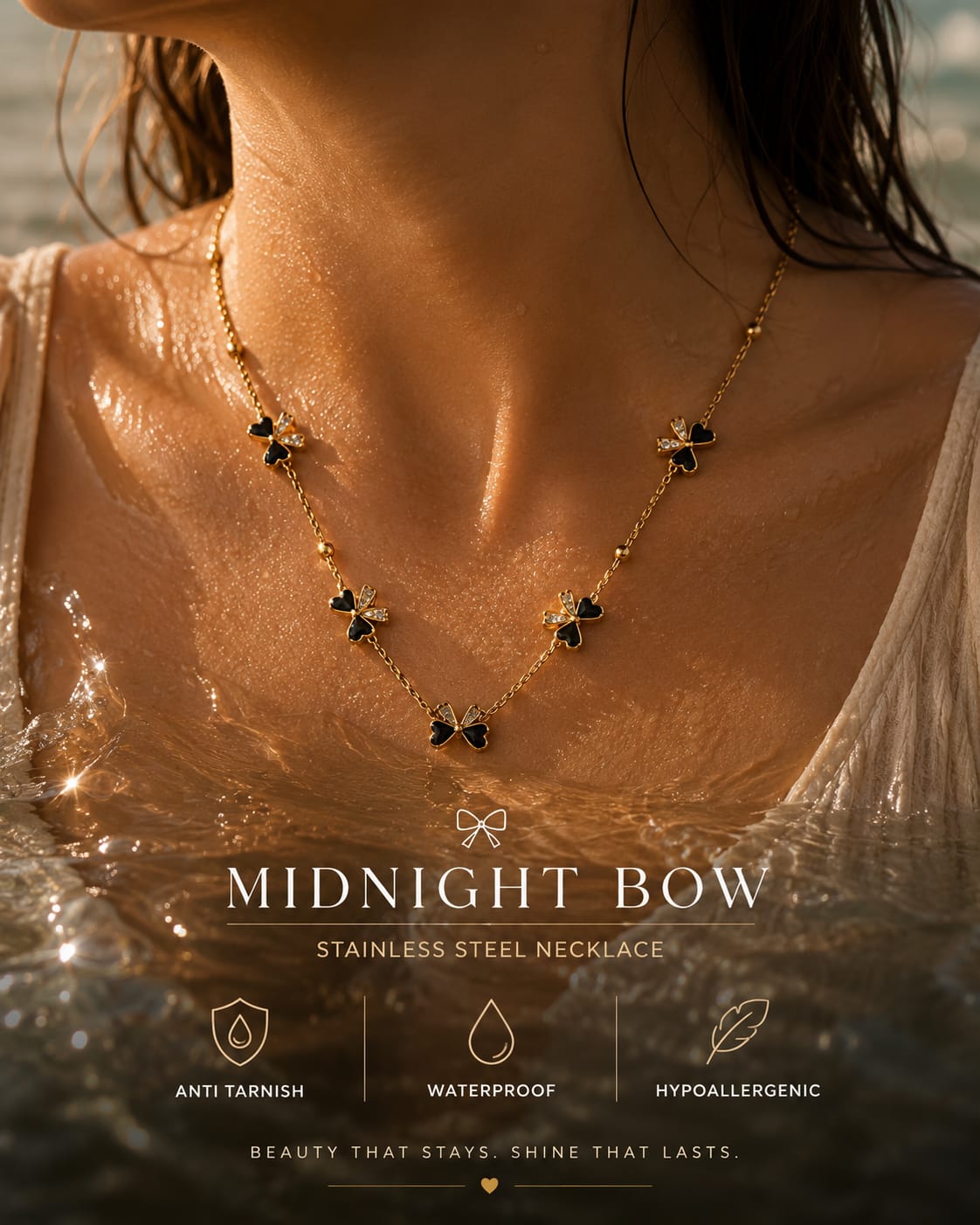A woman wearing a gold-tone necklace with black bow-shaped charms, shown in warm golden-hour light over water. Text at the bottom reads 'MIDNIGHT BOW STAINLESS STEEL NECKLACE' with feature icons for anti tarnish, waterproof, and hypoallergenic.